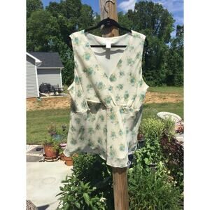 Womens silk blouse tank plus 3X v-neck fairy whimsical crinkle cream blue floral